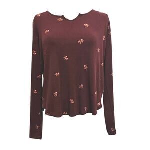 Old Navy Rib Knit Fitted Maroon Ditsy Floral Long Sleeve Top Tee Cottagecore XL